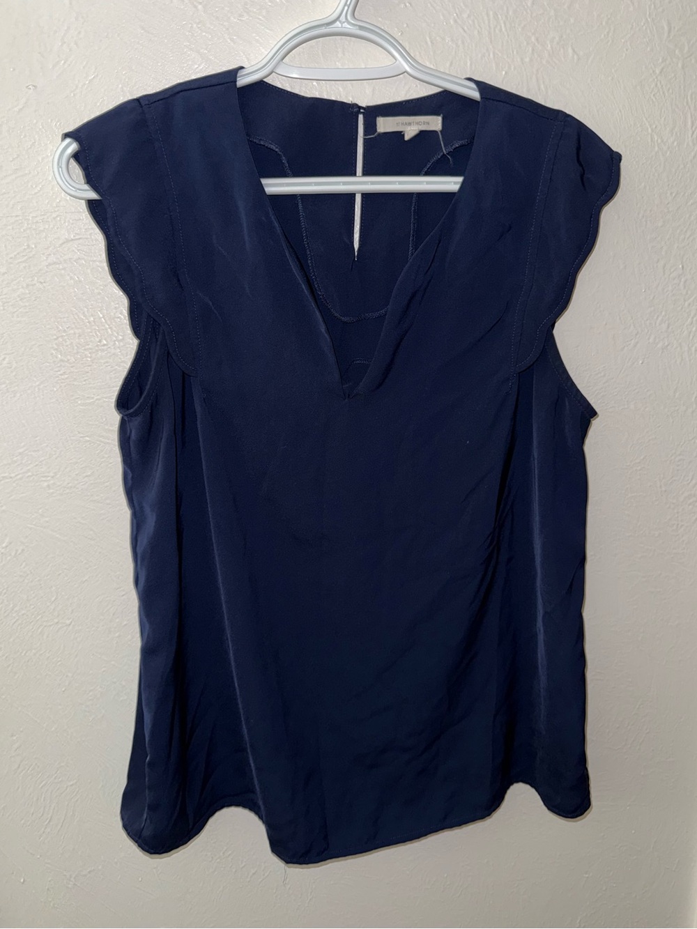 Sleeveless V-Neck Navy Top with Scalloped Shoulders
